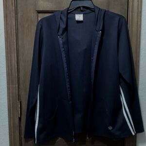 Jerzees 2X hooded front zip 2 pocket white stripe jacket nice pre worn condition